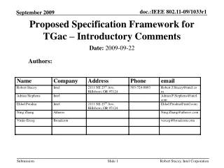 Proposed Specification Framework for TGac – Introductory Comments
