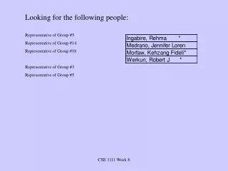 Looking for the following people: Representative of Group #5 Representative of Group #14