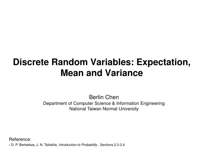 discrete random variables expectation mean and variance