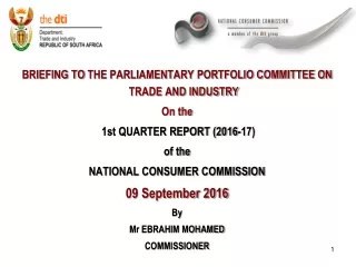 BRIEFING TO  THE PARLIAMENTARY PORTFOLIO COMMITTEE ON   TRADE AND INDUSTRY On the