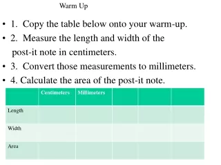 1.  Copy the table below onto your warm-up.  2.  Measure the length and width of the