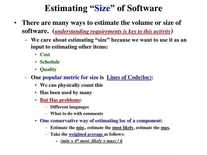 estimating size of software