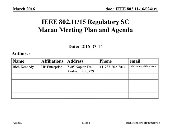 ieee 802 11 15 regulatory sc macau meeting plan and agenda