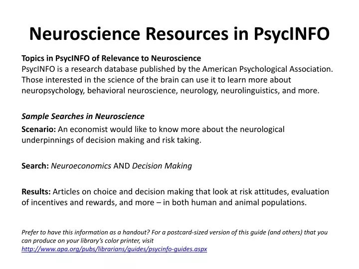 neuroscience resources in psycinfo