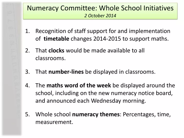 numeracy committee whole school initiatives 2 october 2014