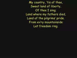 My country, ’tis of thee, Sweet land of liberty, Of thee I sing; Land where my fathers died,
