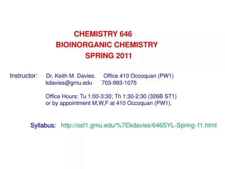 chemistry 646 bioinorganic chemistry spring 2011