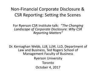 Non-Financial Corporate Disclosure &amp; CSR Reporting: Setting the Scenes