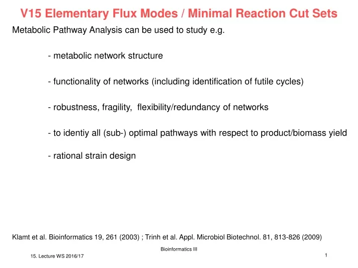 v15 elementary flux modes minimal reaction cut sets
