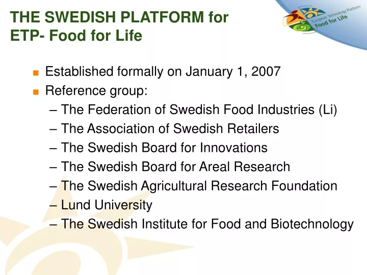 the swedish platform for etp food for life