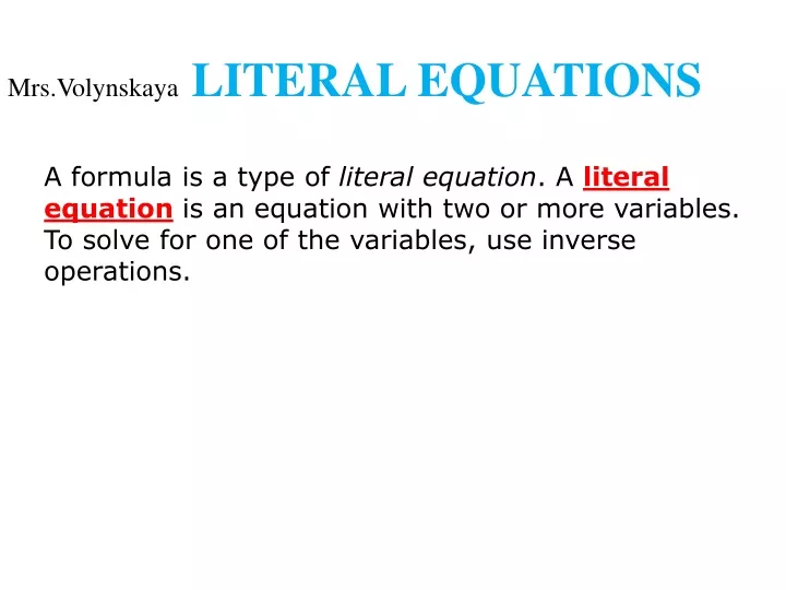 mrs volynskaya literal equations