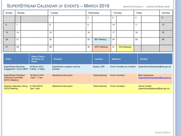 superstream calendar of e vents march 2016 updated fortnightly updated 22 march 2016