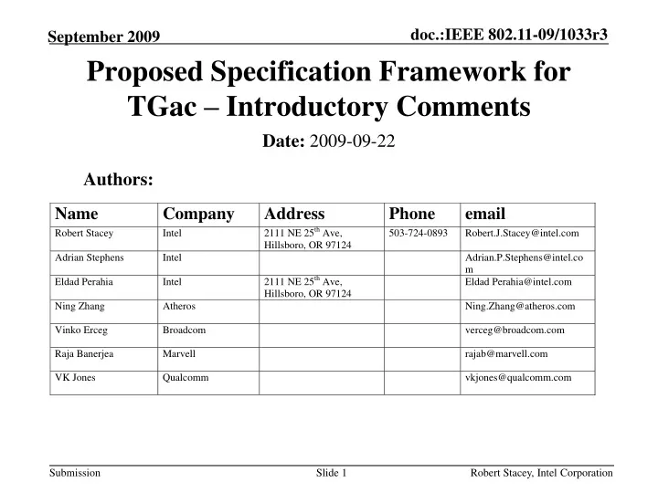 proposed specification framework for tgac introductory comments