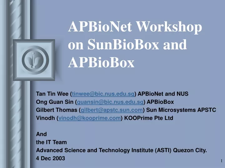 apbionet workshop on sunbiobox and apbiobox