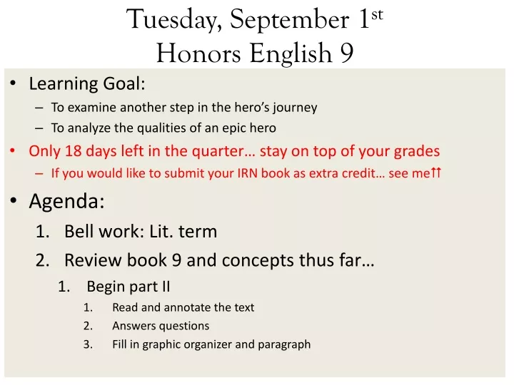 tuesday september 1 st honors english 9