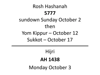 Rosh Hashanah 5777 sundown Sunday October 2 then Yom Kippur – October 12 Sukkot  – October 17