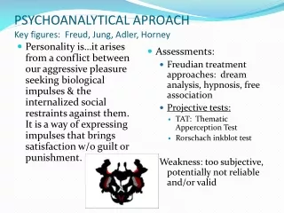 PSYCHOANALYTICAL APROACH Key figures:  Freud, Jung, Adler, Horney
