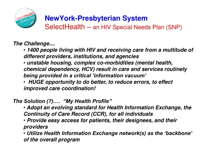 newyork presbyterian system selecthealth an hiv special needs plan snp