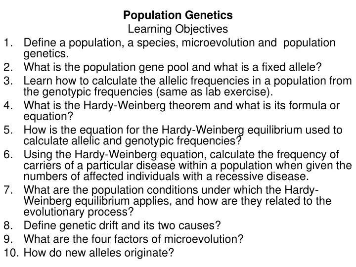 population genetics learning objectives define