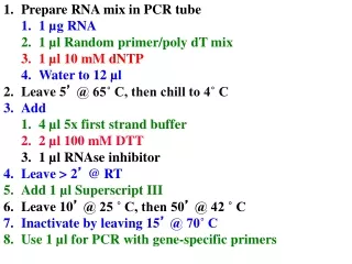 Prepare RNA mix in PCR tube 1 µg RNA 1 µl Random primer/poly dT mix 1 µl 10 mM dNTP Water to 12 µl