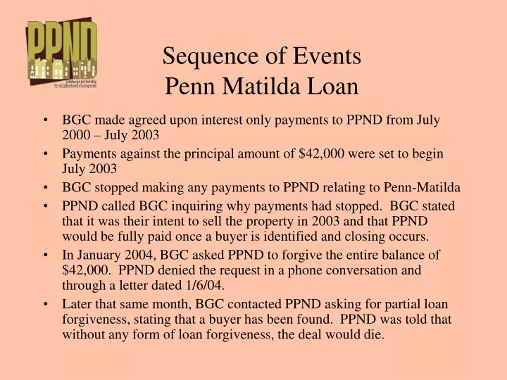 sequence of events penn matilda loan