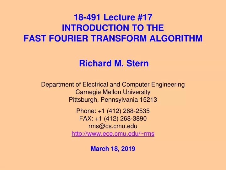 18 491 lecture 17 introduction to the fast fourier transform algorithm