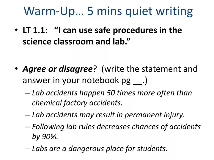 warm up 5 mins quiet writing