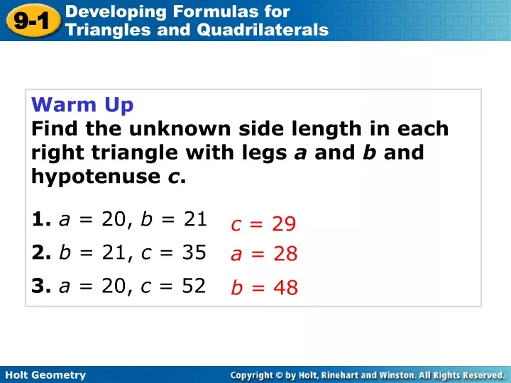 warm up find the unknown side length in each