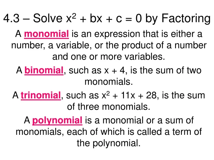 4 3 solve x 2 bx c 0 by factoring