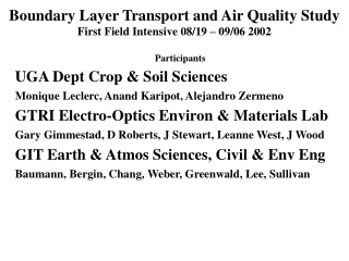 Boundary Layer Transport and Air Quality Study First Field Intensive 08/19 – 09/06 2002