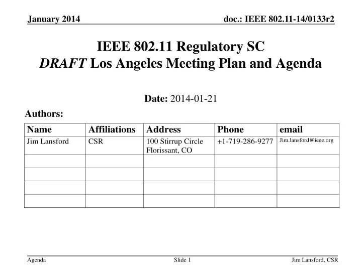 ieee 802 11 regulatory sc draft los angeles meeting plan and agenda