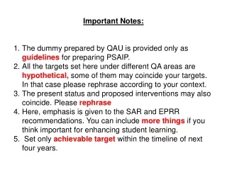 Important Notes : The dummy prepared by QAU is provided only as  guidelines  for preparing PSAIP.