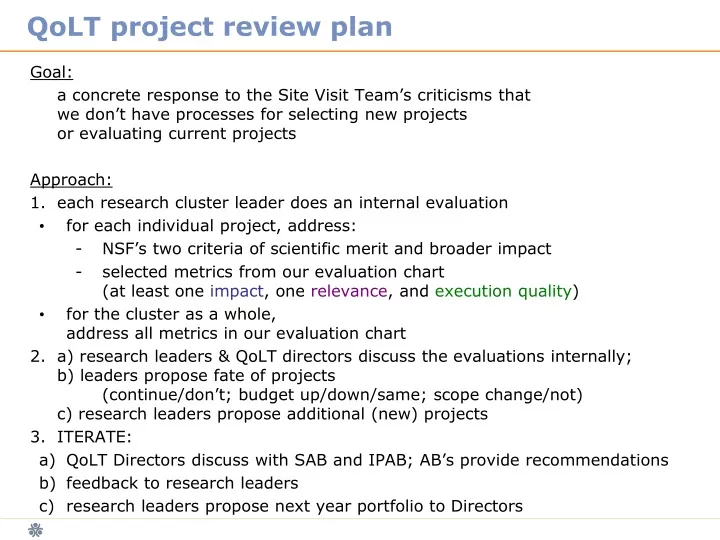qolt project review plan
