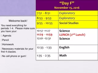 Welcome back! You need everything for periods 1-4.  Please make sure you have your:  Agenda Pencil