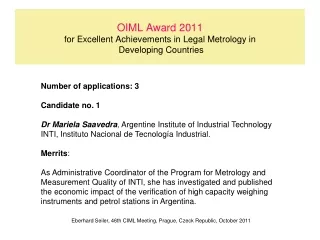 OIML Award 2011 for Excellent Achievements in Legal Metrology in   Developing Countries