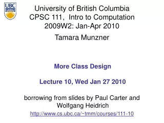 More Class Design Lecture 10, Wed Jan 27 2010