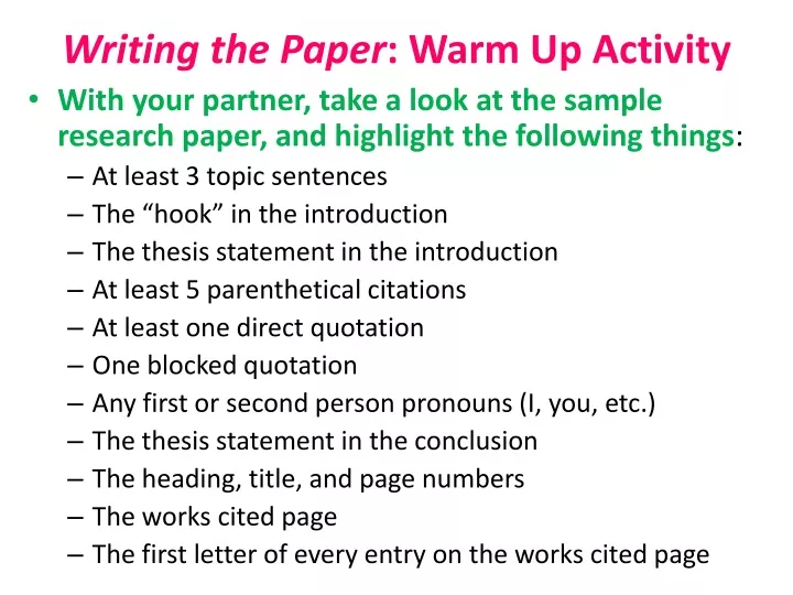 writing the paper warm up activity