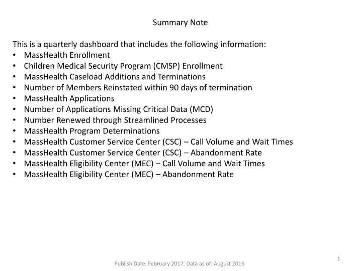 summary note this is a quarterly dashboard that