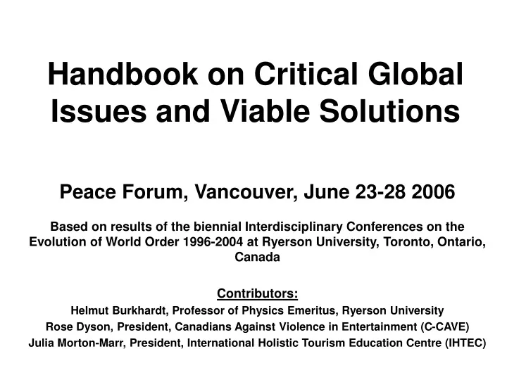 handbook on critical global issues and viable solutions
