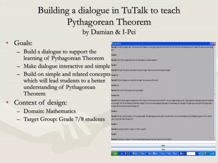 building a dialogue in tutalk to teach pythagorean theorem by damian i pei