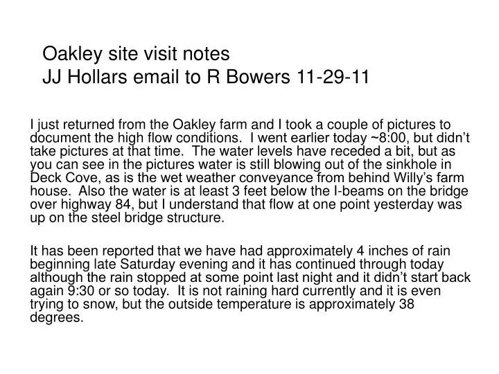 oakley site visit notes jj hollars email to r bowers 11 29 11