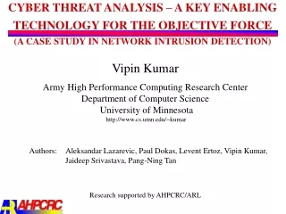 Vipin Kumar Army High Performance Computing Research Center Department of Computer Science