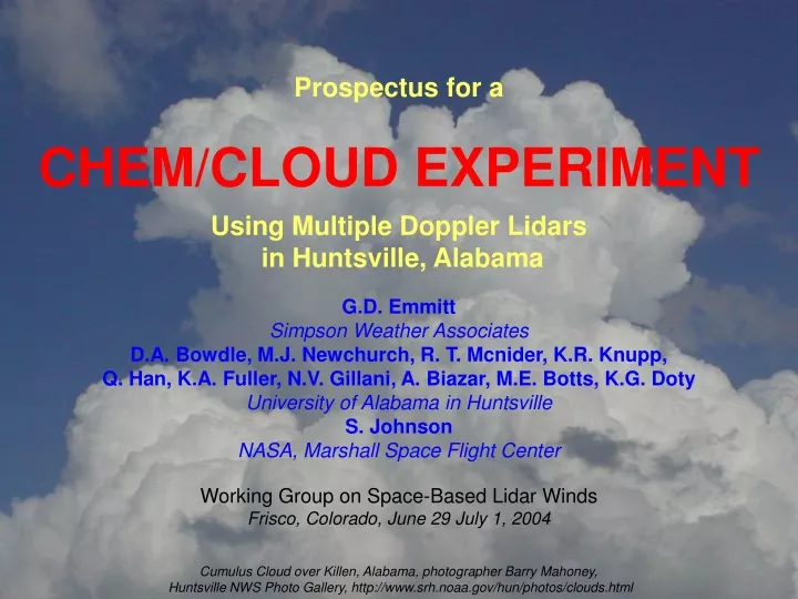 prospectus for a chem cloud experiment using