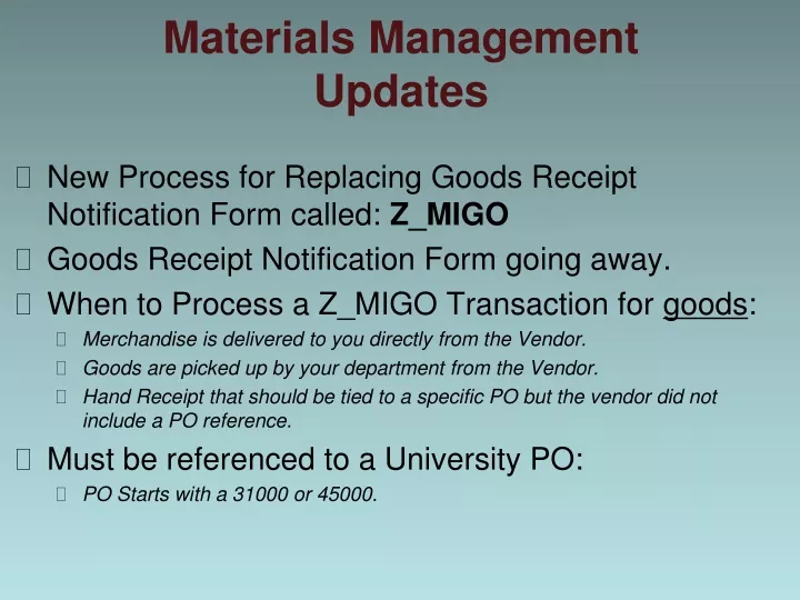 materials management updates