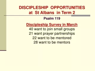 DISCIPLESHIP  OPPORTUNITIES at  St Albans  in Term 2  Psalm 119 Discipleship Survey in March