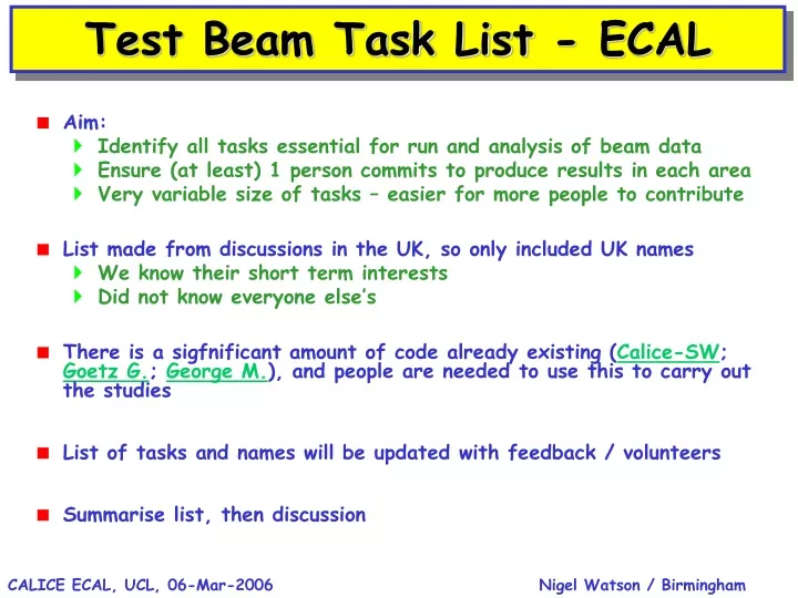 test beam task list ecal