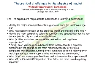 Theoretical challenges in the physics of nuclei Witold Nazarewicz (Tennessee)