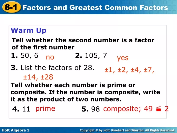 warm up 1 50 6 2 105 7 3 list the factors