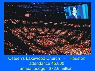 Osteen's Lakewood Church   -    Houston attendance 45,000  annual budget  $72.6 million.