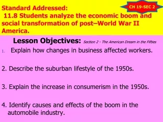 Lesson Objectives:  Section 2 - The American Dream in the Fifties